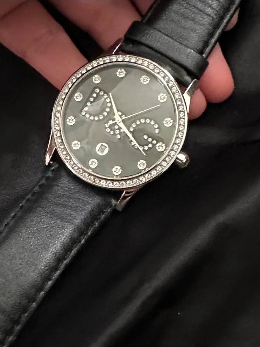 D&G Black Leather Strap Watch with Brushed Steel Back